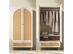 Móvel 2 Portas Rattan Branco Estilo Campestre Com Gaveta Cabideiro 180x85x52cm