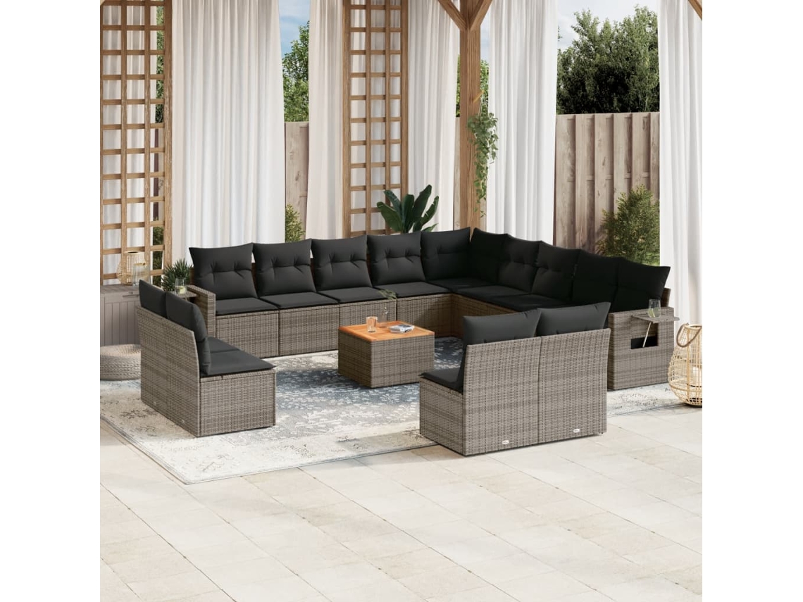 Vidaxl 14 Pcs Conjunto Sofás P/ Jardim C/ Almofadões Vime Pe Cinzento