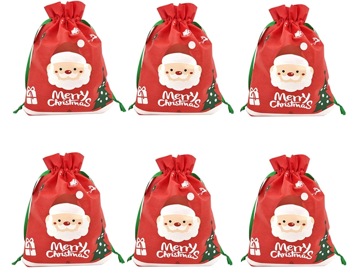 Conjunto De 6 Lindas Sacolas De Presente De Natal Com Cordão.