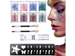 Kit de tatuagens holográficas com glitter para maquiagem facial, corporal e capilar. Inclui estênceis, cola e pincéis.