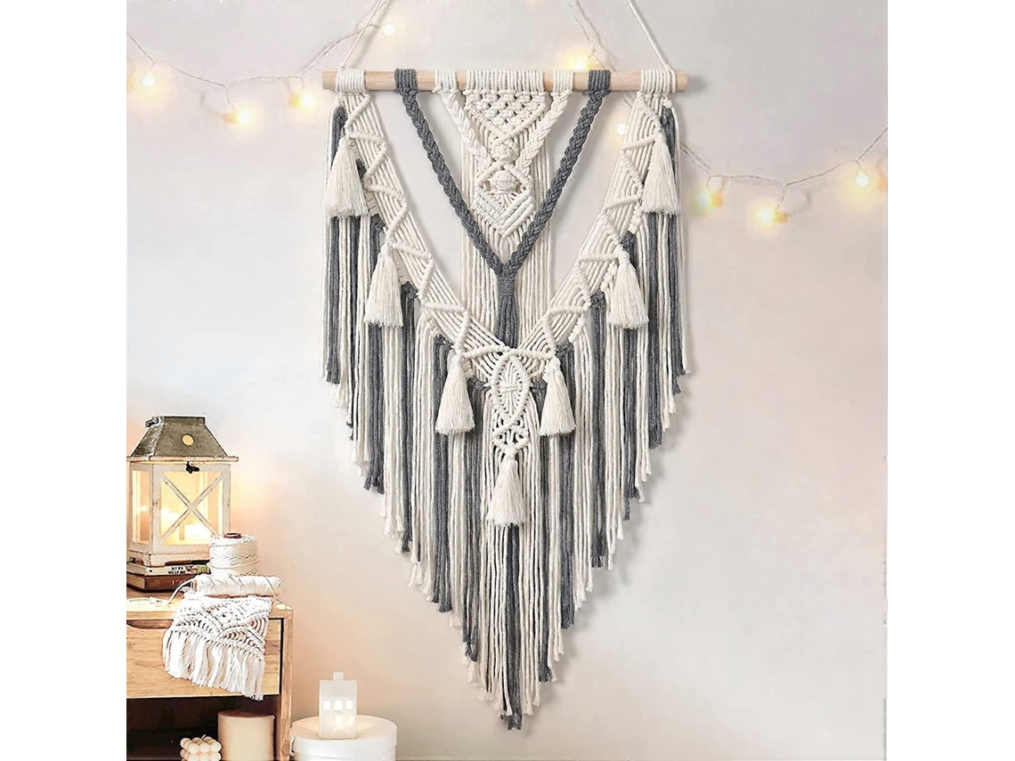 Rebe colgante Geométrico Bohemio Tejido a Mano de Algodón Beige Y Gris Con Borlas para Dormitorio Sala Apartamento Niño
