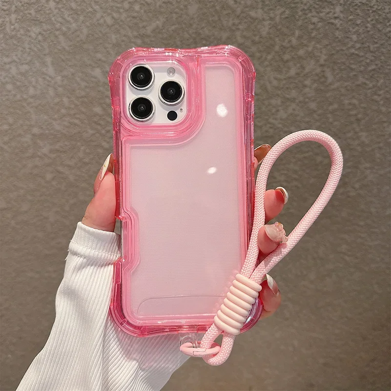 (rosa, Iphone 14 Plus) Capa Protetora Transparente À Prova De Quedas Com Airbag Nos Quatro Cantos E Alça De Pulso Resistente A Impactos.