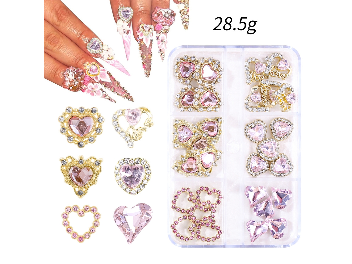 Conjunto de 6 Compartimentos para Decoração de Unhas, com Strass 3d em Acrílico, Cor Rosa. PANOONA