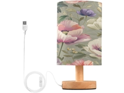 Luminária De Cabeceira Led Wildflowers Para Quarto, Luminária De Leitura Com Cúpula Tecido, Base De Madeira E Porta Usb