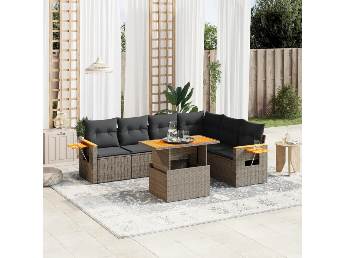 Vidaxl 7 Pcs Conjunto Sofás P/ Jardim C/ Almofadões Vime Pe Cinzento