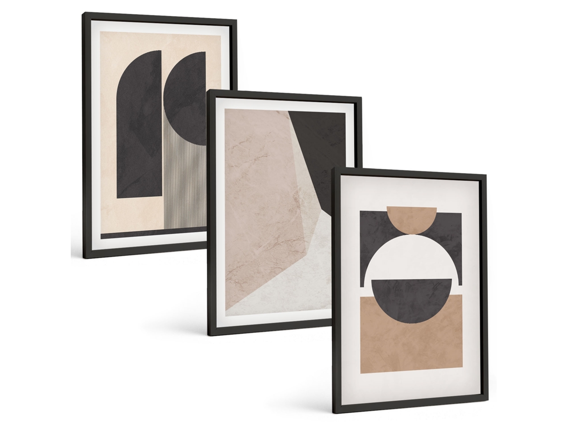 Conjunto De Pinturas Formas Abstratas Bege Marrom Espelharte (3 Peças 40x60 Cm)