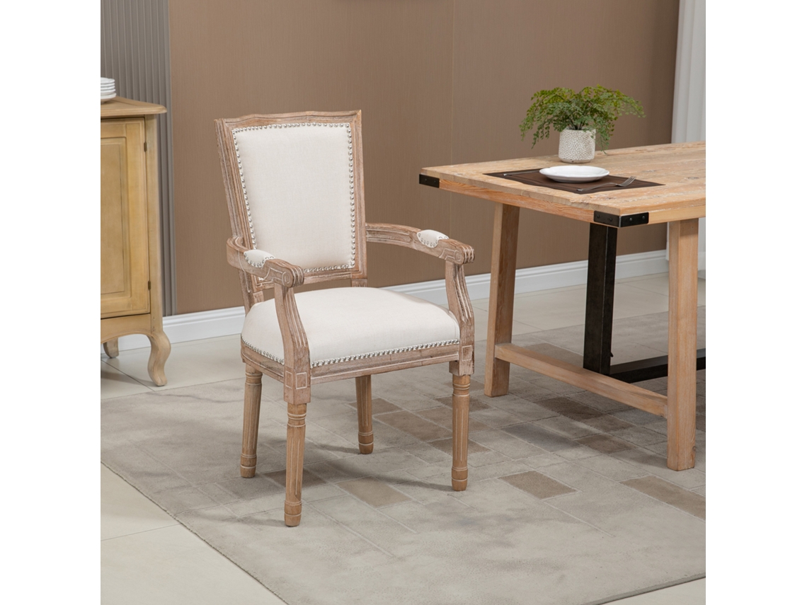 Cadeira De Cozinha Estilo Casa De Campo Francesa, 54,5x59x96cm, Em Madeira De Borracha Branco Cremoso Com Decoração Cravejada
