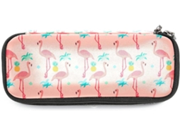 Estojo rosa com estampa de flamingos e abacáxis, grande capacidade, ideal para escola, mesa e adultos.
