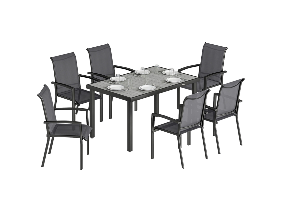 CONJUNTO de 7 peças externo com mesa de jardim de 2 seções e 6 cadeiras empilháveis em texteline cinza