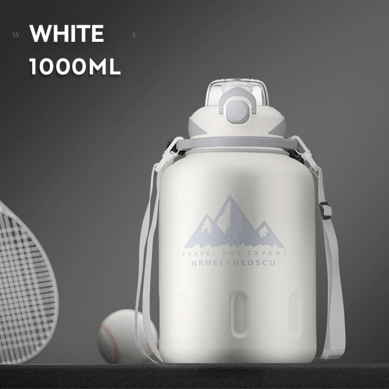 (branca, 1000ml) Garrafa Térmica Em Aço Inoxidável, Ideal Para Esportes Ao Ar Livre, Com Corda E Canudo.