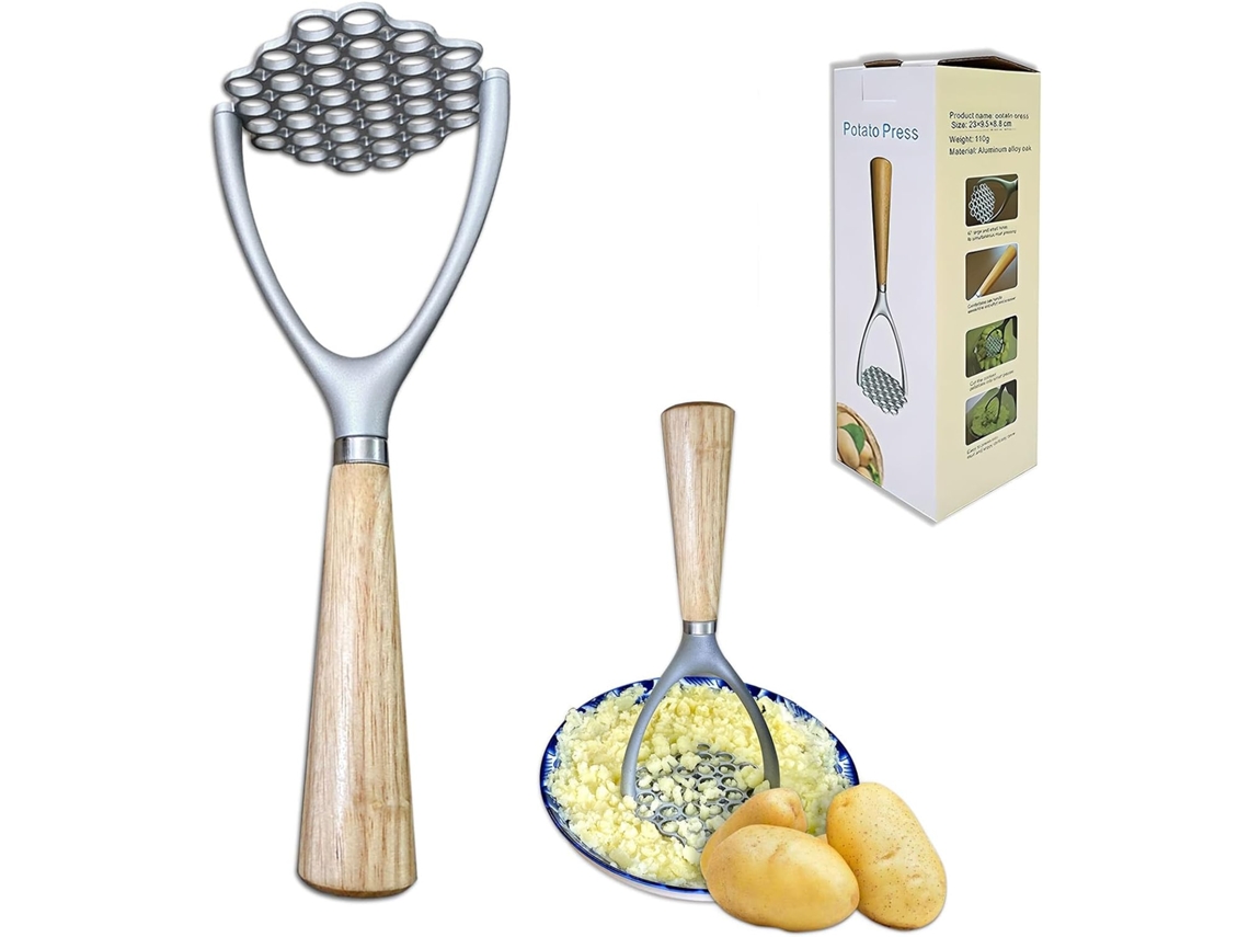Machacador De Batatas Em Aço Inoxidável, 9 Polegadas, Cabo De Madeira E 36 Aguros