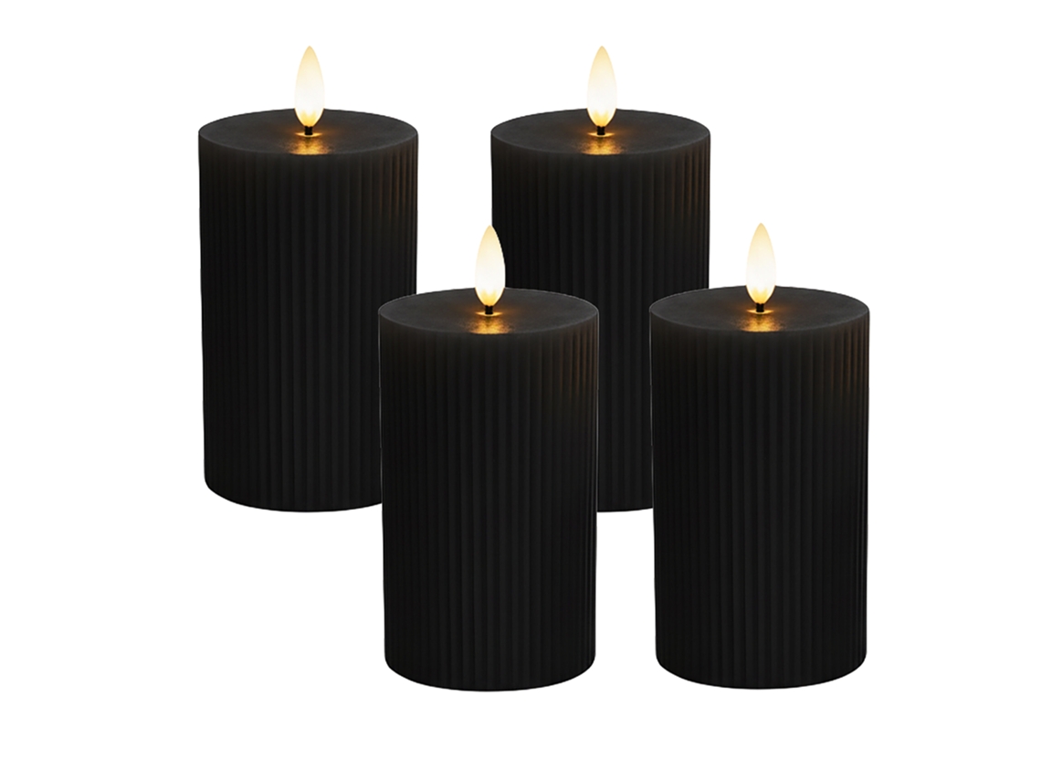 Velas Led Relaxdays, Conjunto De 4, Hxd: 13 X 7,5 Cm, Chama Trémula, Cera Real, Ranhuras, Velas Sem Chama, Pretas