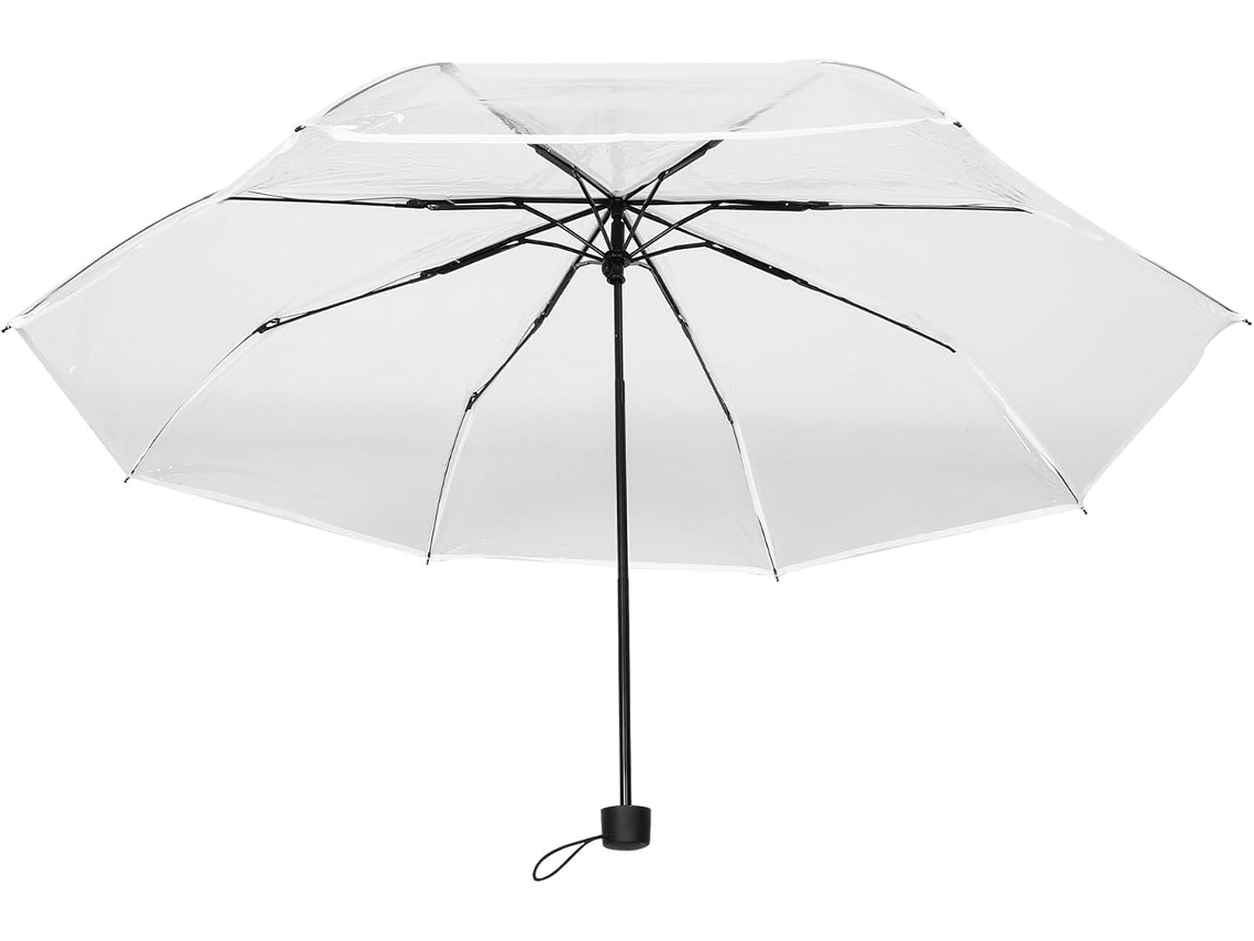 Guarda-chuva Dobrável Automático, Transparente, 10 Varetas, Cabo De Madeira, Detalhes Brancos.