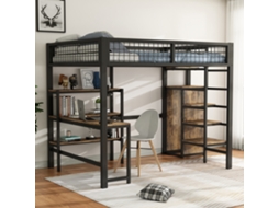 Cama De Ferro 140x200 Cm Com Escada Prateleiras Armário Embutido Mesa Preto Sem Colchão