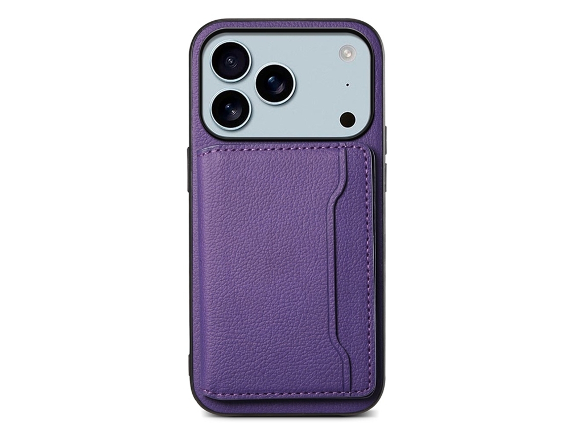 Capa Para Iphone 17 Pro Com Suporte Para Cartão E Revestimento Em Couro De Bezerro - Roxa