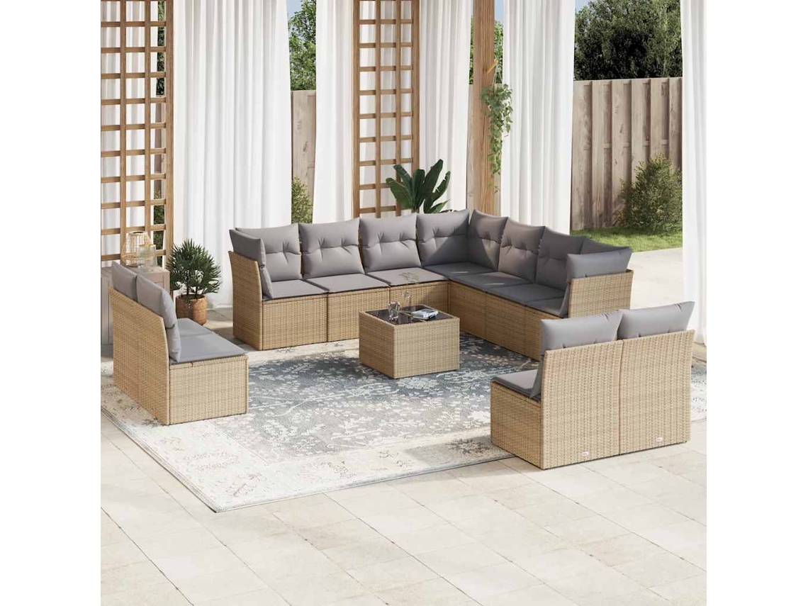 Vidaxl 12 Pcs Conjunto De Sofás P/ Jardim Com Almofadões Vime Pe Bege