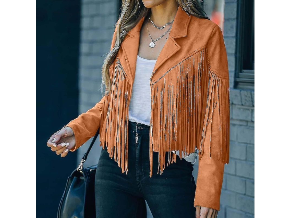 Jaqueta Fringe Feminina Estilo Cowboy De Courro Falso Camurça Manga Longa Com Tasséis Cardigan Amarelo