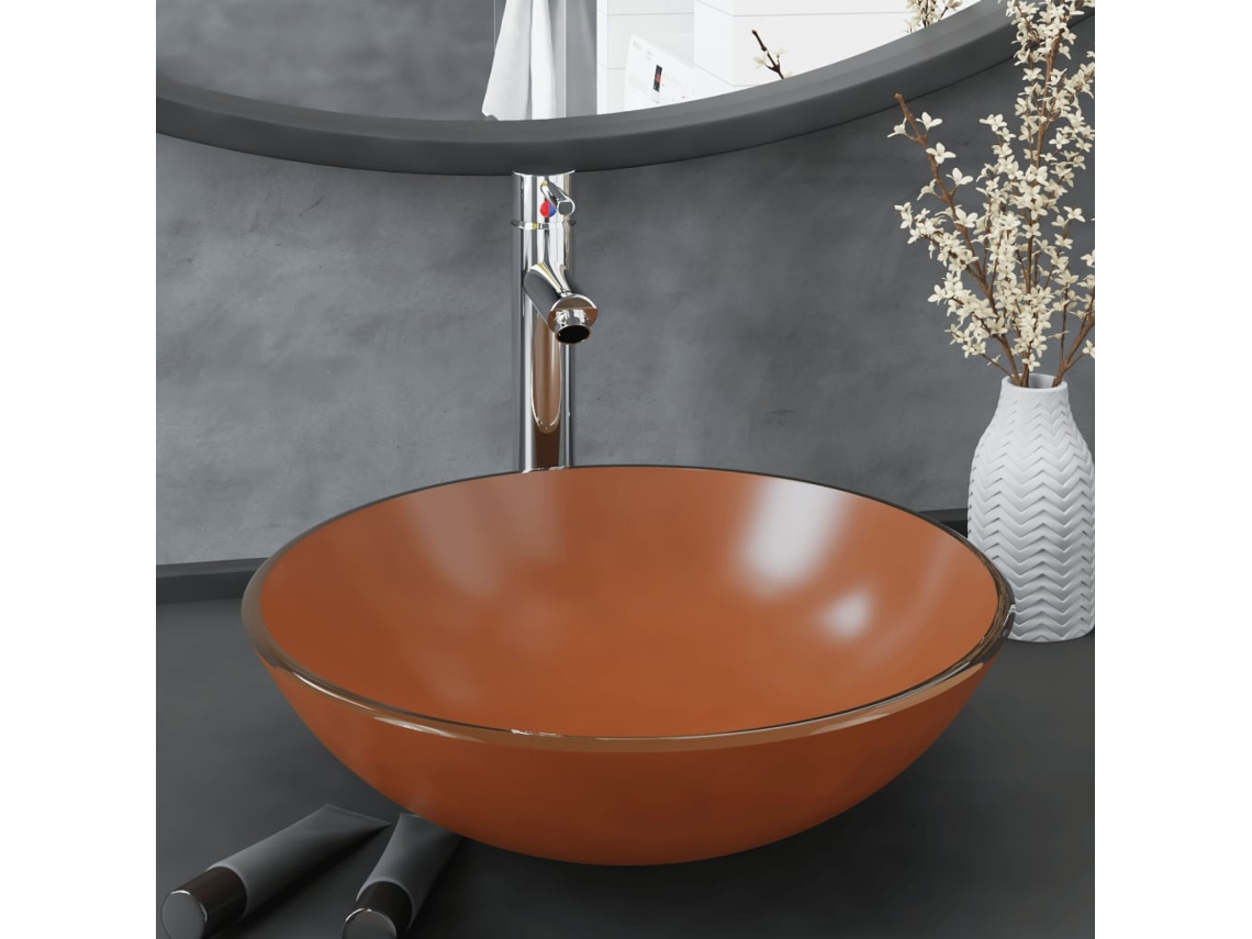 Vidaxl Lavatório Torneira Válvula Click-clack Vidro Temperado Castanho