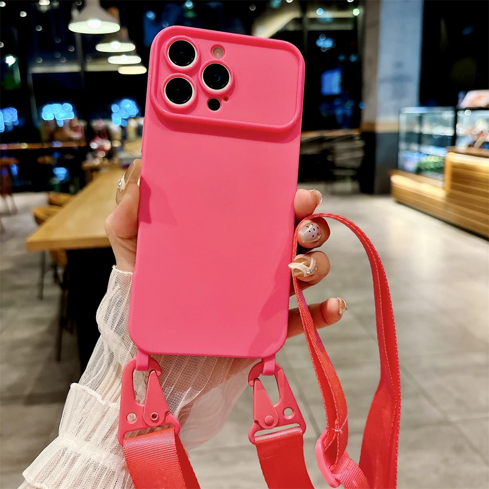 (rosa, Iphone 15 Pro Max) Capa De Celular Elegante E Macia Em Silicone Com Cordão Ajustável Para Proteção Transversal.