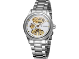 Skeleton Mecânico Masculino Pulseira de Dois Tons de Aço Inoxidável Relógio À Prova DÁgua-Prata Branca