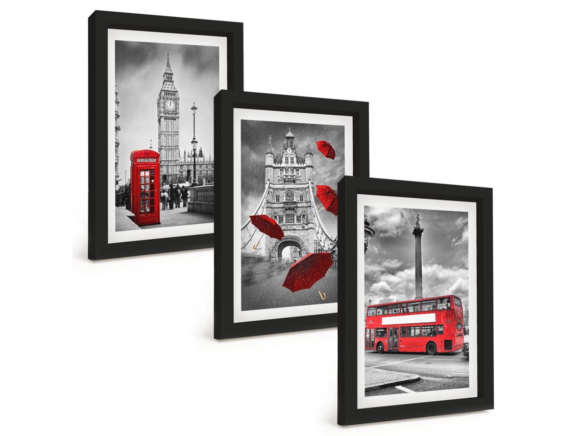 Composição De Quadros Guarda-chuva Vermelho, Barraca E Ônibus Em Londres Espelharte (3 Peças 20x30 Cm)