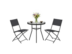 Conjunto de Bistrô Externo BTFORUS 3 peças com cadeiras dobráveis e mesa de vidro semi circular preto