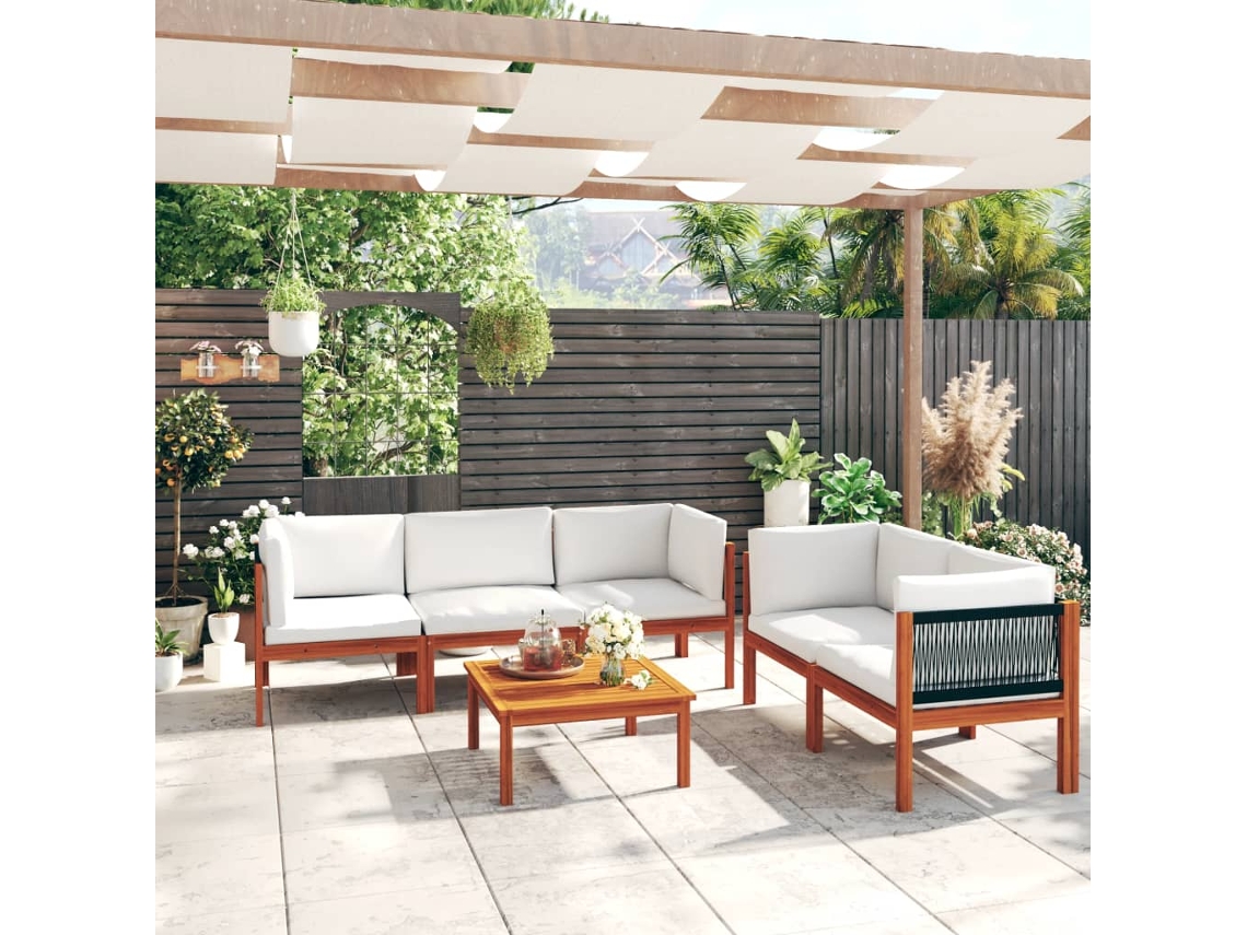 Vidaxl Conjunto De Lounge De Jardim Vidaxl Com 6 Peças E Almofadas Em Madeira De Acácia Creme E Corda