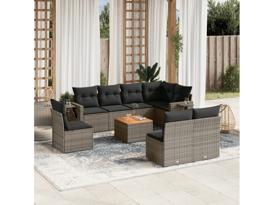 Vidaxl 9 Pcs Conjunto Sofás P/ Jardim com Almofadões Vime Pe Cinzento