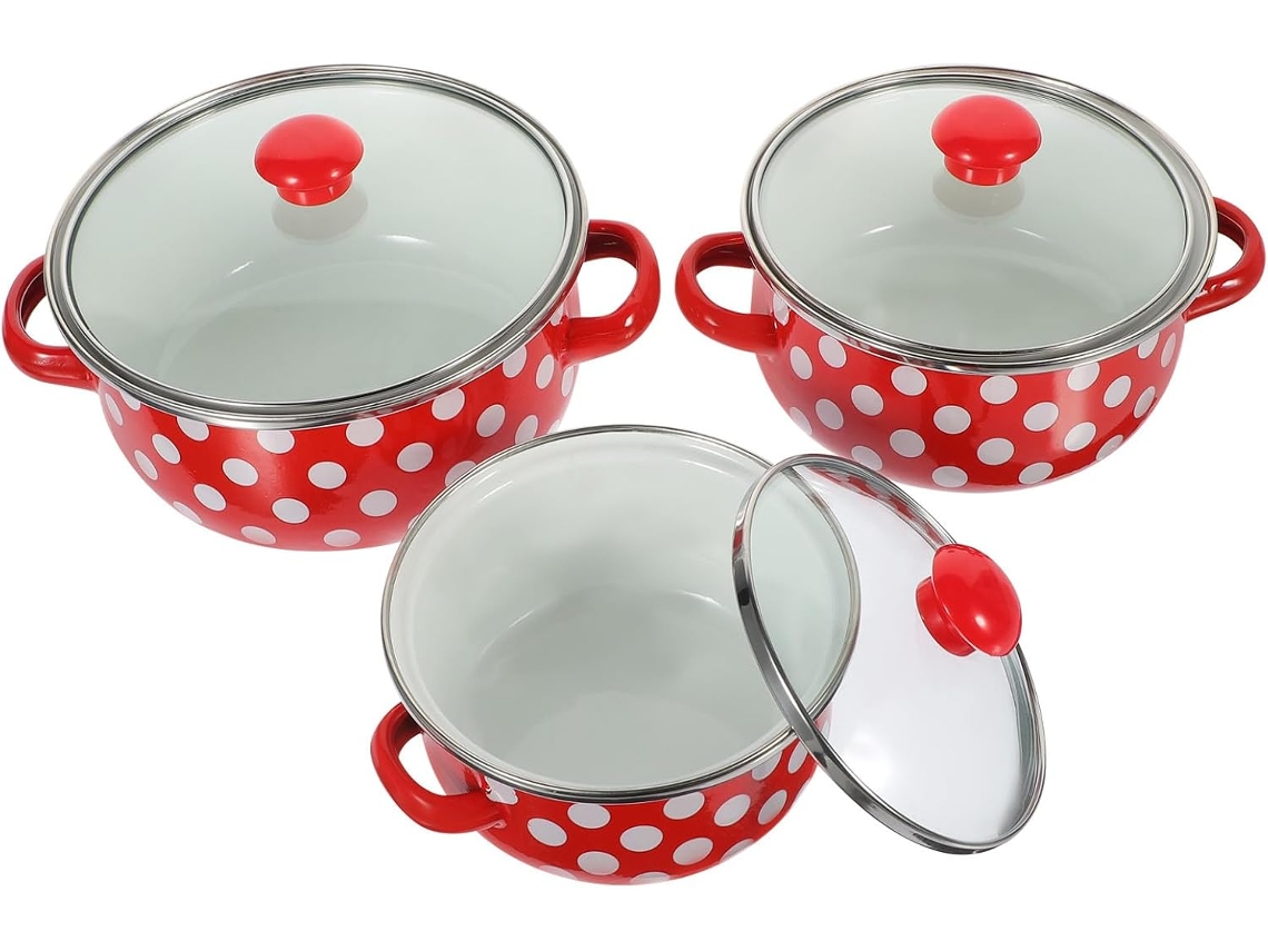 Conjunto De Mini Panela Sopa Esmaltada Com Tampa, 3 Peças (12 Cm, 14 16 Ponto Branco Fundo Vermelho, Adequado Para Ferver E Estufar