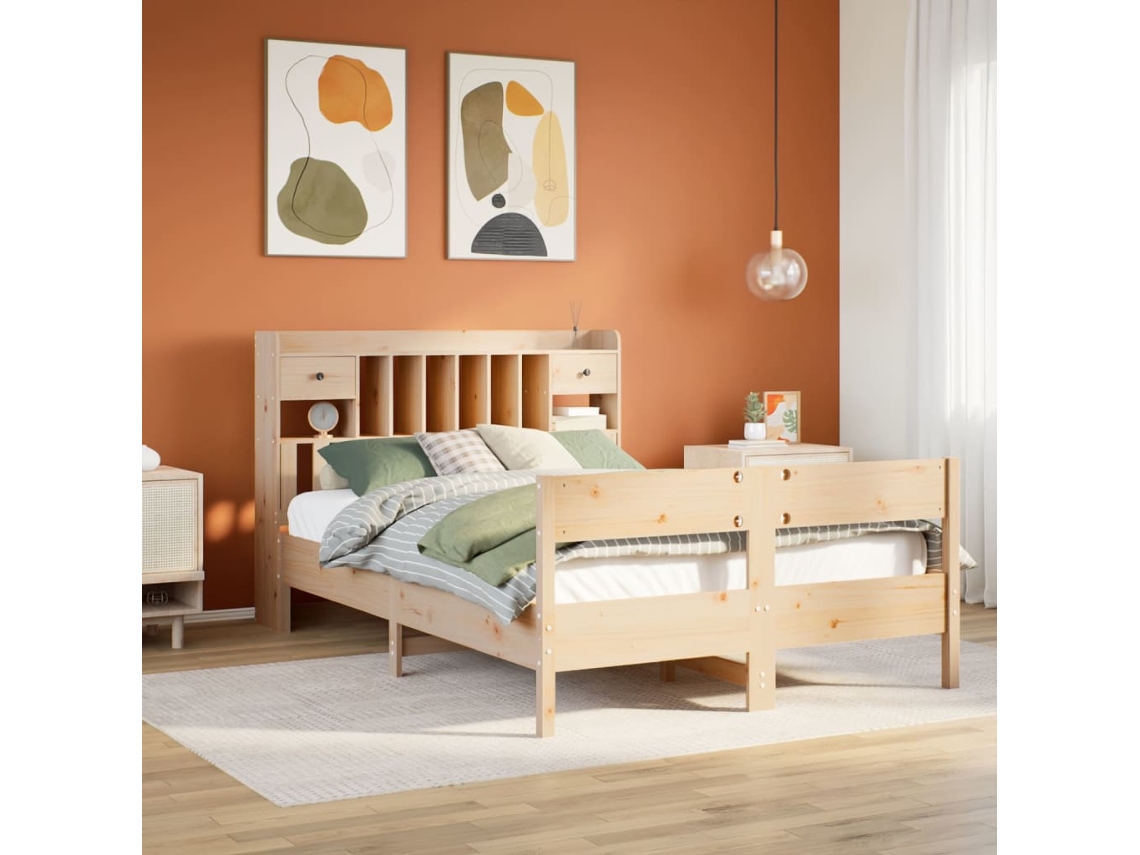 Vidaxl Cama Com Estante Sem Colchão 135x190 Cm Pinho Maciço