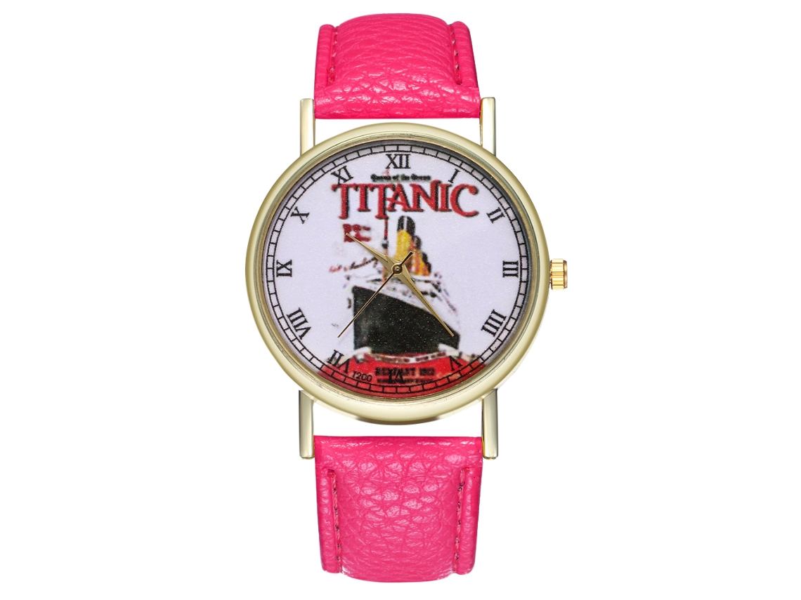 Relógio de pulso analógico de quartzo redondo Zhoulianfa Titanic vermelho e rosa para mulheres e homens.