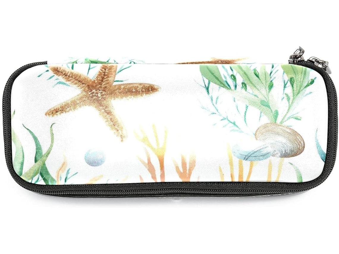 Caixa organizadora grande com estampa de vida marinha, estrela-do-mar e coral para lápis e canetas, ideal para maquiagem.