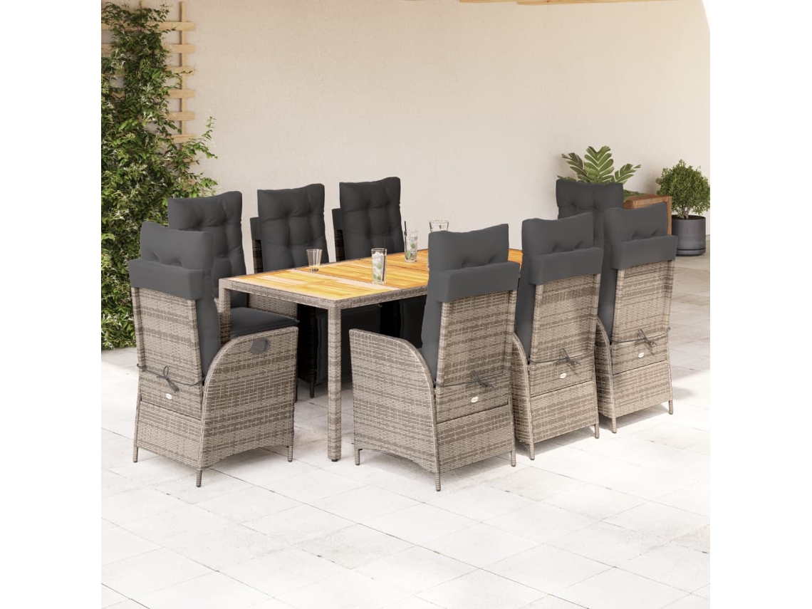 Vidaxl 9 Pcs Conjunto De Jantar P/ Jardim C/ Almofadões Vime Pe Cinza