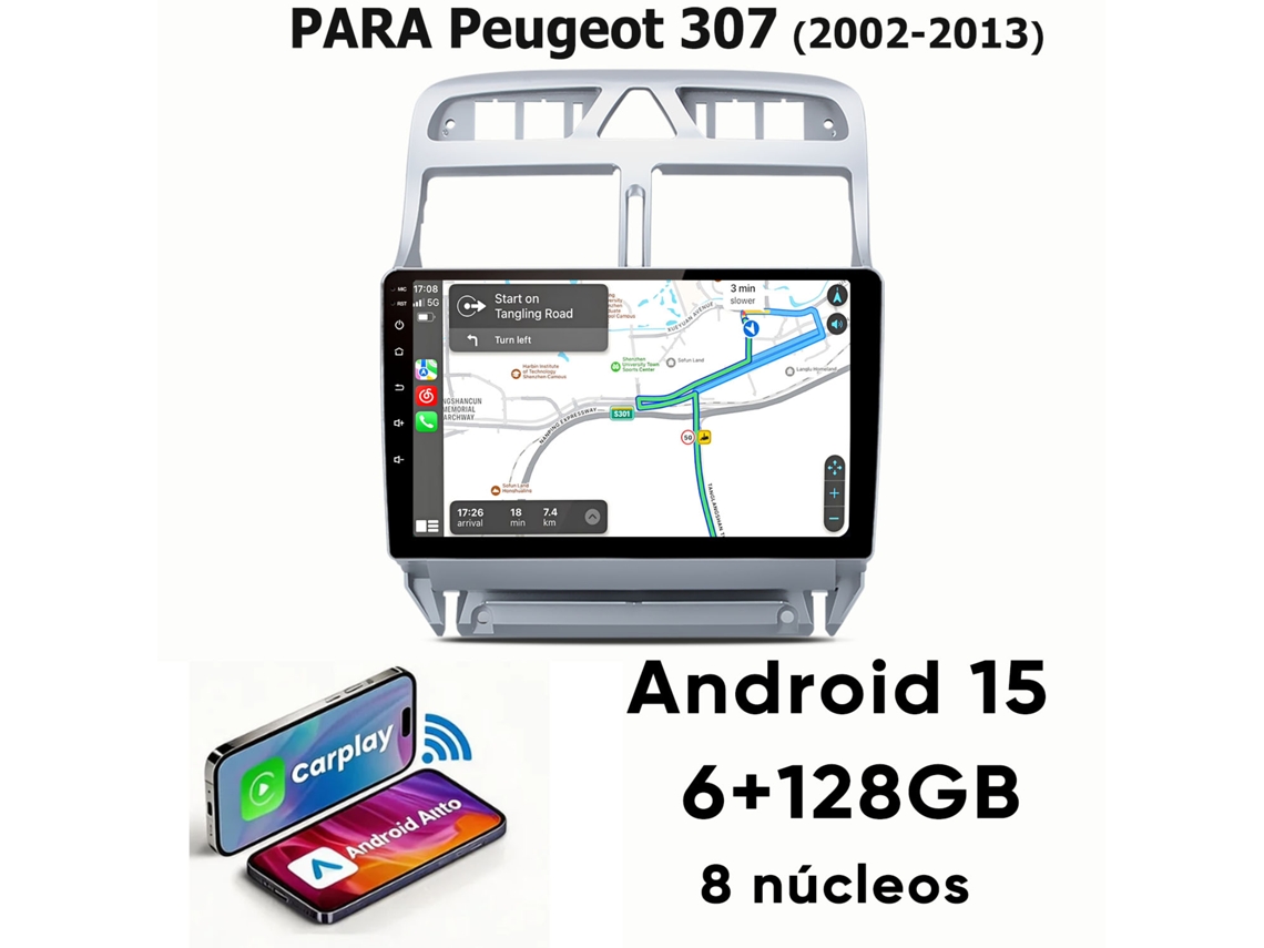 Ecrã 9 Polegadas Rádio Carro 6gb+128gb Android Auto Wifi 8 Núcleos Para Peugeot 307 2002-2013 Carplay

