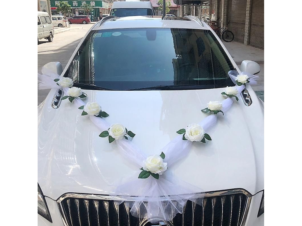 Flor Decorativa Frontal Para Carro De Casamento Com 9 Rosas Brancas E 2 Velos 1.6m - Fixa Com Ventosas Silicone