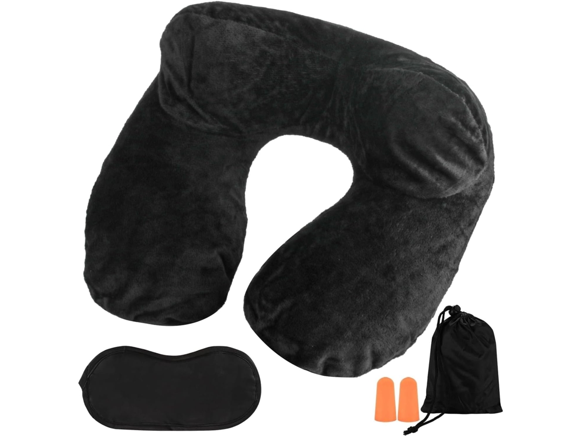 Almofada Inflável de Viagem, Apoio de Cabeça para Avião, com Máscara para os Olhos, Protetores Auriculares e Bolsa de Armazenamento (preto AQUAFORGE