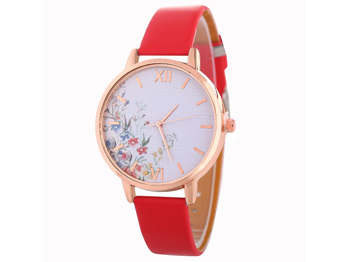 Relógio de Pulso Feminino Zhoulianfa de Quartzo com Pulseira de Couro Pu Vermelho