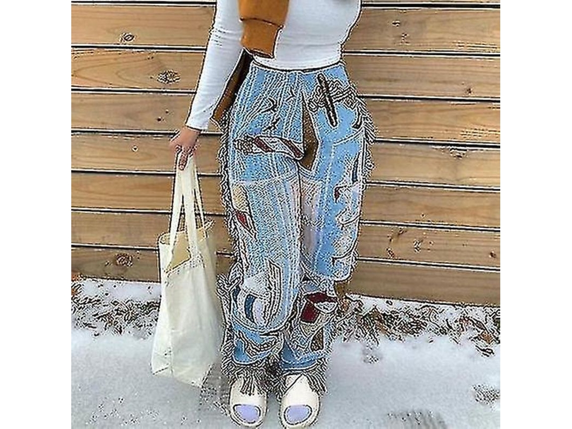 Calças Florais Com Franja E Tassels Estilo Streetwear Chic Feminino Verão Azul Céu