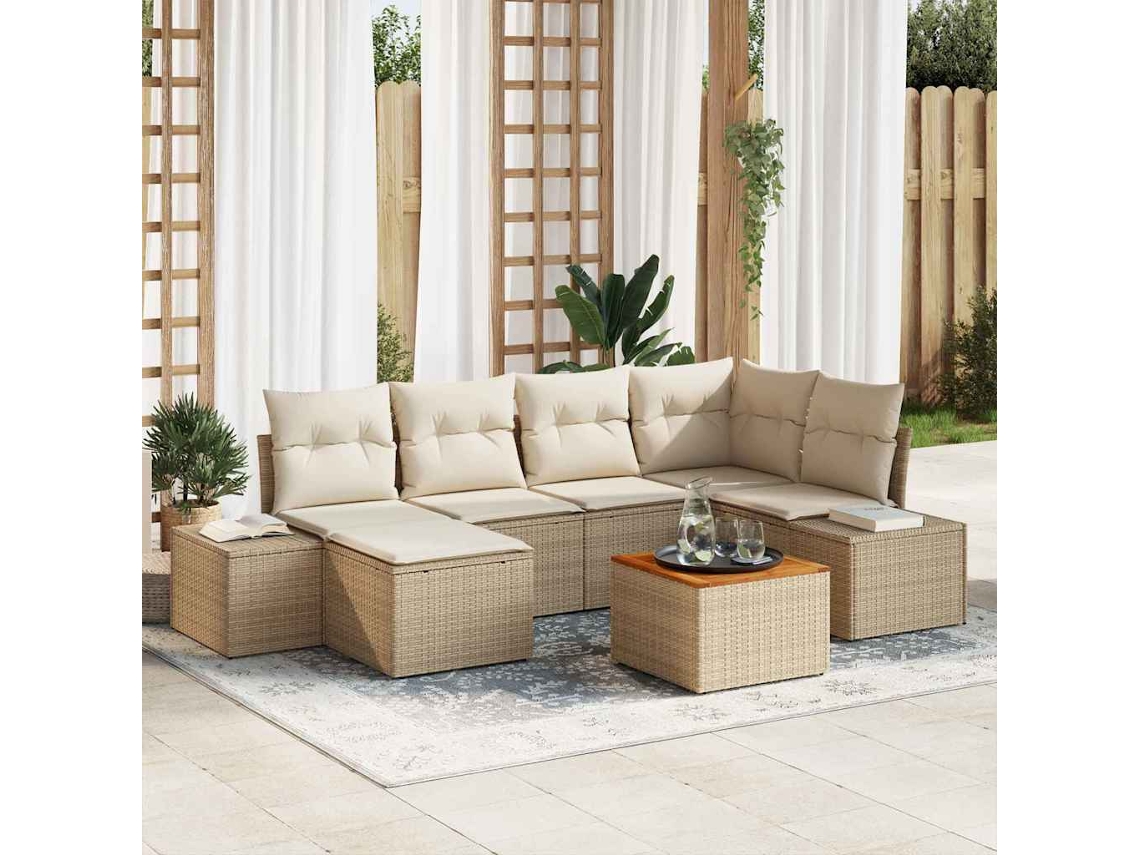 Vidaxl Conjunto De Sofá De Jardim 7 Unid. Bege Vime Pe