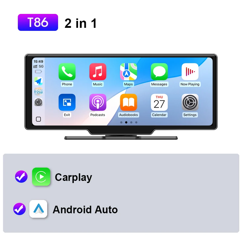 (t86) Sistema Multimídia Android De 10,26 Polegadas Com Wi-fi, Bluetooth E Carplay Sem Fio.