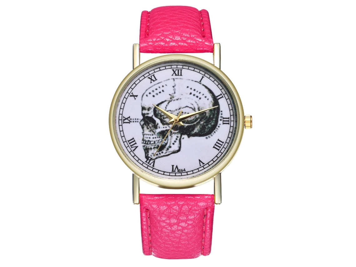 Relógio de quartzo unissex com pulseira de couro PU, estampa de caveira moderna, numerais romanos, nas cores vermelho e rosa.