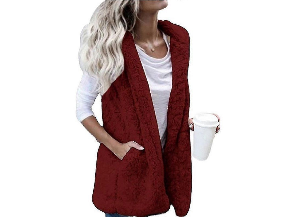 Chaleco Sem Mangas de Lã Teddy Bear para Mulher Abrigo Aconchegante Inverno Vinho Tinto Forro Polar Jaqueta Leve