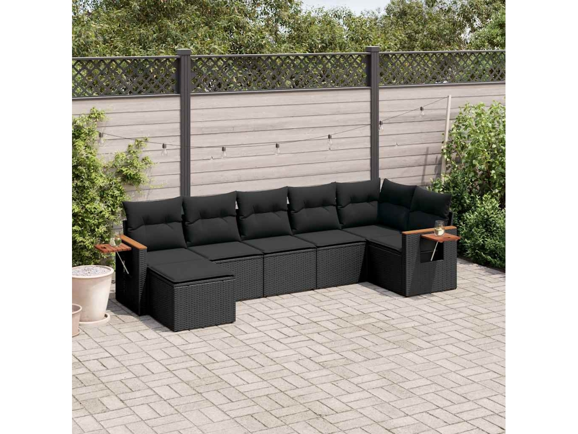 Vidaxl 7 Pcs Conjunto De Sofás P/ Jardim C/ Almofadões Vime Pe Preto