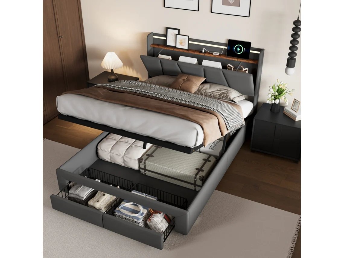 Cama De Casal 140 X 200, Camas De Casal Com Espaço De Arrumação, Cama Com Porta Bagagens Com Led E Usb, Cama Com Espaço De Arrumação Com 2 Gavetas