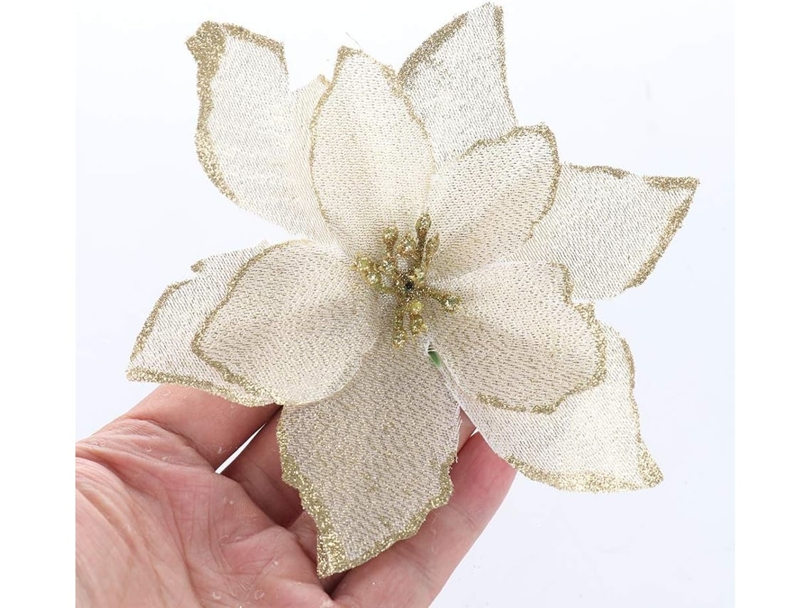 Conjunto De 12 Flores Para Árvore De Natal Com Purpurina Artificial Ouro 13 Cm*