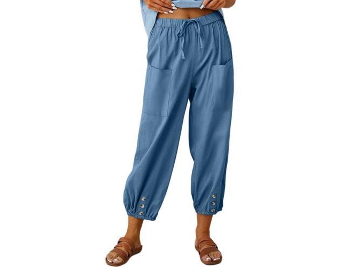 2026 calça Pantalona Larga Feminina de Linho Comprida Até o Tornozelo com Bolsos para Verão XL Azul