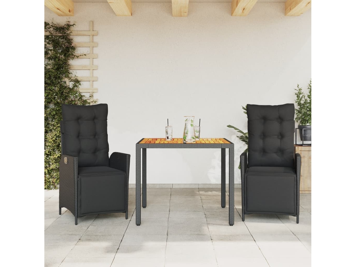 Conjunto 3 Peças Jantar P/ Jardim C/ Almofadões Vime Pe Preto Dkd Home Decor