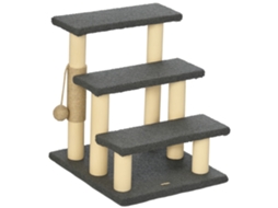 Escada Mista Madeira-cinza Altura 48cm Com Arranhador Vertical, Três Degraus E Brinquedo 45 X 40