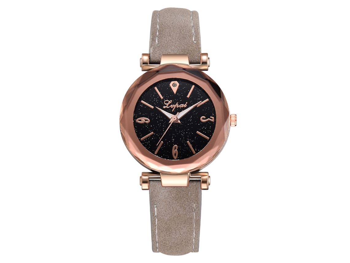 Relógio de Quartzo Feminino Vintage com Pulseira de Couro Pu e Mostrador de Céu Estrelado Cinza