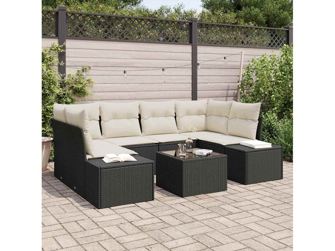 Vidaxl Conjunto De Sofá De Jardim 8 Unid. Preto E Creme Vime Pe
